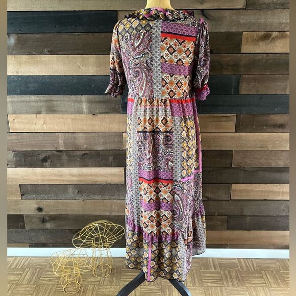 Modern Sheer Patchwork Paisley Ruffled Short Sleeve Maxi Dress - Picture 4 of 5